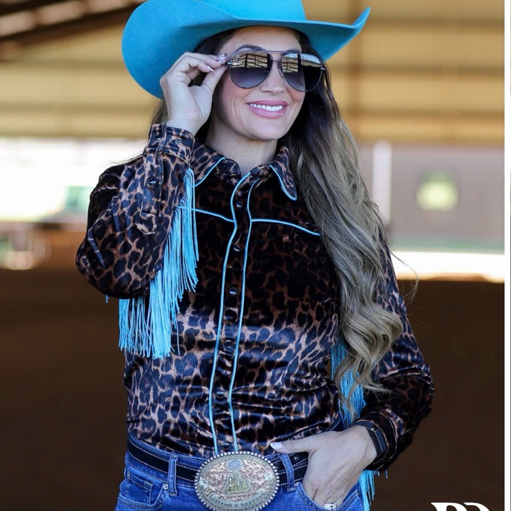 Leopard Print Western Fringe Button-Up Top in Brown with Turquoise Trim